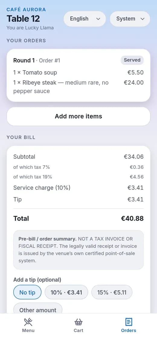 Orders, pre-bill and an optional tip