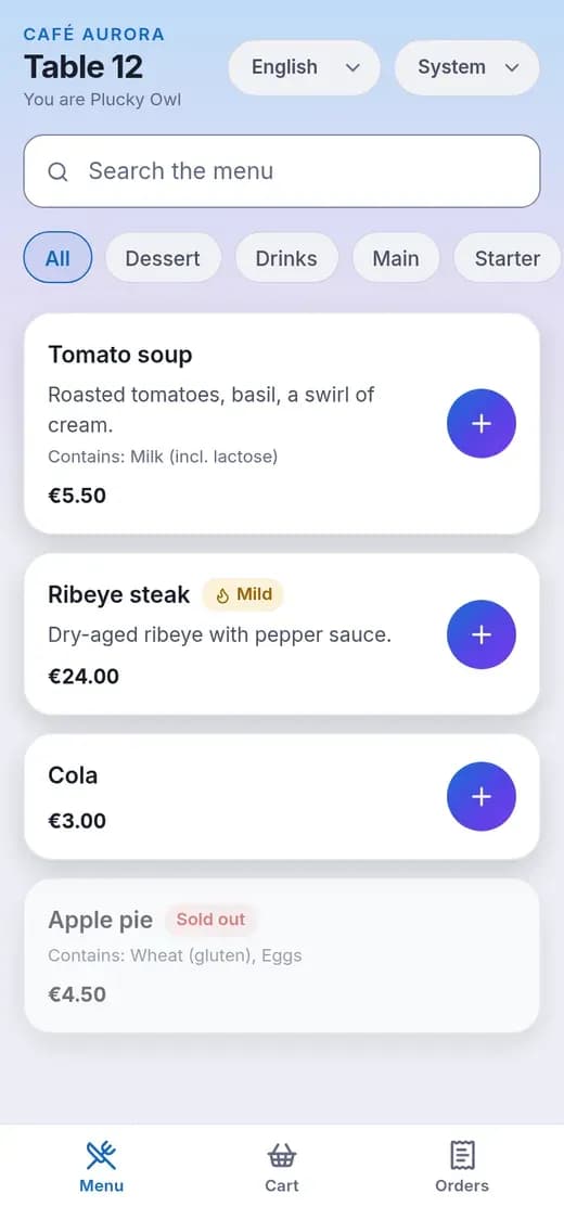 Scan2Eat guest app: the menu, with allergens, spice level and sold-out dishes